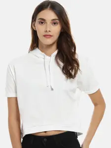 Campus Sutra Women White Solid Boxy Pure Cotton Top