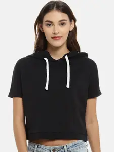 Campus Sutra Women Black Solid Boxy Pure Cotton Top
