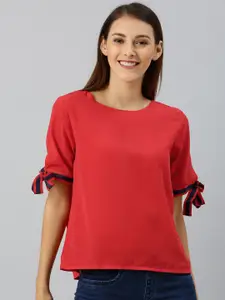 RARE Women Red Solid Top With Tie-Ups Sleeves