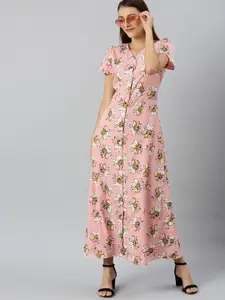 RARE Womens Pink and Black Floral Print V-Neck Dress