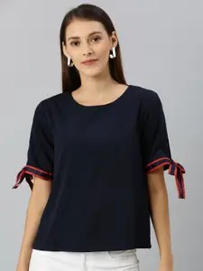 RARE Women Navy Blue Solid Top With Tie-Up Sleeves