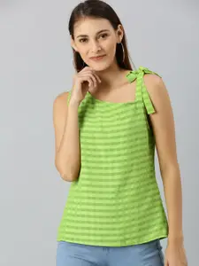 RARE Women Green Striped Top With Tie-Ups