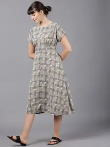 Tokyo Talkies Women Grey & Black Printed Fit and Flare Dress