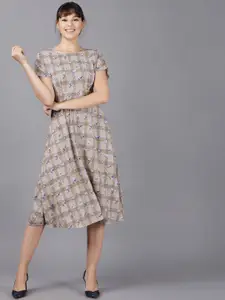 Tokyo Talkies Women Brown & Blue Checked Fit and Flare Dress