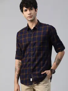 Roadster Men Navy Blue & Brown Regular Fit Checked Sustainable Casual Shirt