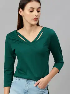 Roadster Women Green Solid Styled Neck Top