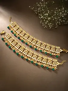 Peora Women 18K Gold Plated Green & White Bridal Kundan Pearl Studded Anklet Payal