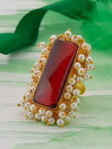 Peora Red & White Gold-Plated Rectangular Studded Adjustable Finger Ring