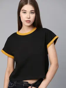 Roadster Black Round Neck Cropped Pure Cotton B???????oxy Fit Top
