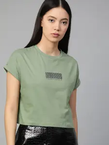 Roadster Olive Green Round Neck Boxy Cropped Top