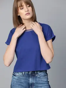 Roadster Women Blue Boxy Fit Solid Round Neck Crop T-shirt