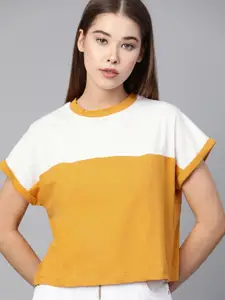 Roadster Women Mustard Yellow  White Colourblocked Round Neck Crop Pure Cotton T-shirt