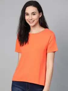 Mast & Harbour Women Neon Orange Solid Round Neck T-shirt
