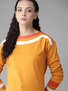 Roadster Women Mustard Yellow Solid Boat Neck Pure Cotton T-shirt