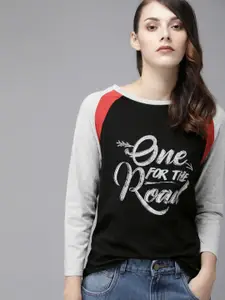Roadster Women Black Printed Round Neck Pure Cotton T-shirt with Contrast Sleeves