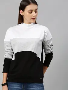 Roadster Women Black  Grey Colourblocked High Neck Pure Cotton T-shirt