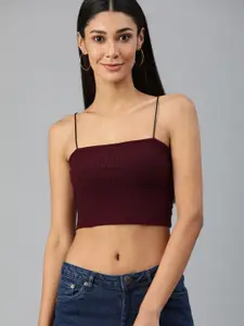 ONLY Women Burgundy Self Striped Cropped Fitted Top