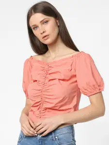 ONLY Women Peach-Coloured Solid Gathered Crop Pure Cotton Top