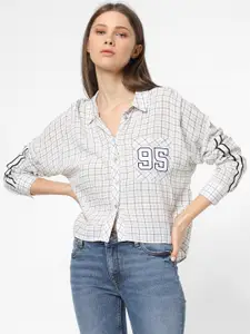 ONLY Women White & Black Boxy Checked Casual Shirt