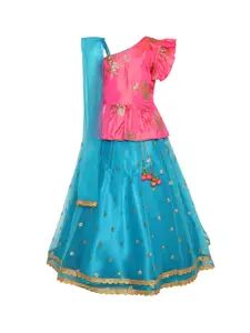 ADIVA Girls Turquoise Blue & Pink Embellished Ready to Wear Lehenga & Blouse with Dupatta