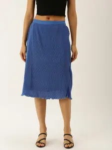 Antheaa Women Blue Printed Accordion Pleated Lettuce Hem Straight Skirt