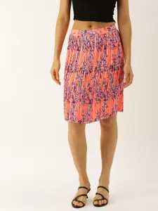 Antheaa Women Coral Orange & Pink Floral Printed & Pleated A-Line Skirt