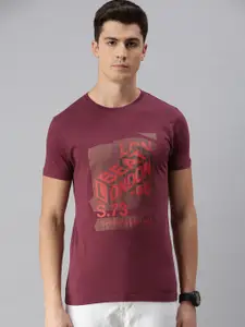 BEAT LONDON by PEPE JEANS Men Burgundy Printed Slim Fit Round Neck Pure Cotton T-shirt