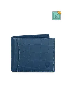 WildHorn Men Blue Textured RFID Protected Genuine Leather Two Fold Wallet