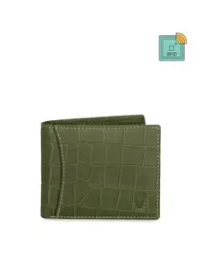 WildHorn Men Green Textured RFID Protected Genuine Leather Two Fold Wallet