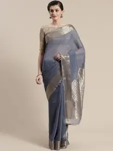 Saree mall Blue & Golden Solid Maheshwari Saree