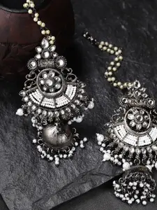 Priyaasi Oxidised Silver-Toned Rhodium-Plated Kundan Studded & Beaded Dome Shaped Jhumkas