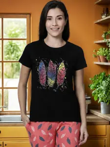 Kryptic Women Black Printed Round Neck Pure Cotton Lounge T-shirt