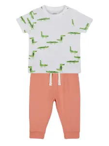 mothercare Boys Off-White & Peach-Coloured Printed T-shirt with Joggers