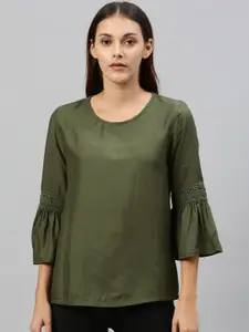 HERE&NOW Women Olive Green Solid Top With Bell Lace Insert Sleeves