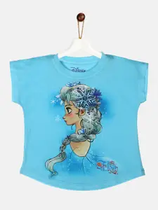 YK Disney Girls Blue Printed Round Neck T-shirt