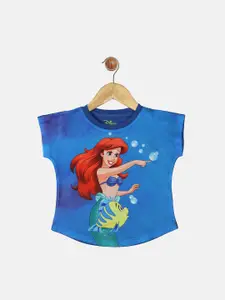 YK Disney Girls Blue Ariel Printed Round Neck Cotton T-shirt