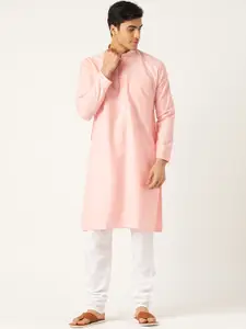 SOJANYA Men Pink & White Solid Kurta with Churidar