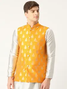 Sojanya Men Mustard Yellow & Golden Woven Design Nehru Jacket