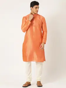 SOJANYA Men Orange & Off-White Woven Design Kurta with Churidar