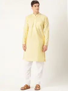 SOJANYA Men Yellow & White Striped Kurta with Churidar