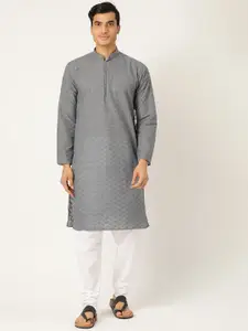 SOJANYA Men Charcoal Grey & Off-White Chikankari Embroidered Kurta with Churidar