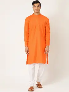 SOJANYA Men Orange & Off-White Solid Kurta with Churidar