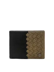 Eske Men Black & Beige Leather Textured Two Fold Wallet