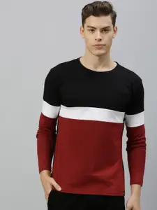 Urbano Fashion Men Black  Maroon Colourblocked Round Neck Pure Cotton T-shirt