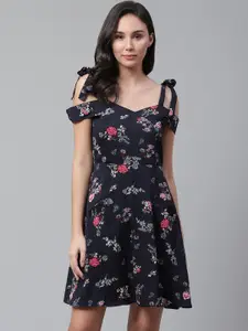 STREET 9 Women Navy Blue & Red Floral Printed Satin Finish Fit and Flare Dress