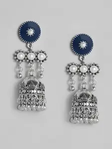 justpeachy Blue Silver-Plated Enamelled Pearl Studded Dome Shaped Jhumkas