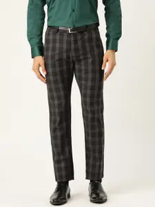 Hancock Men Charcoal Grey Slim Fit Checked Formal Trousers