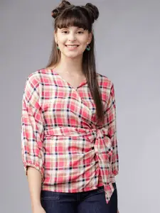 Tokyo Talkies Women Pink Checked Wrap Top