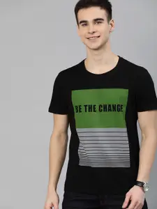 HERE&NOW HERENOW Men Black  Green Printed Round Neck Pure Cotton T-shirt