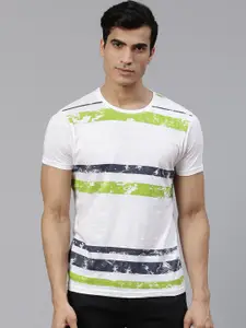 BEAT LONDON by PEPE JEANS Men White & Green Striped Round Neck T-shirt